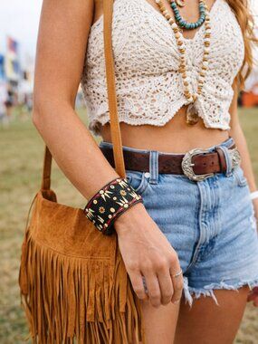Boho Statement Bangle Bracelet Black Red Festival Wide Cuff